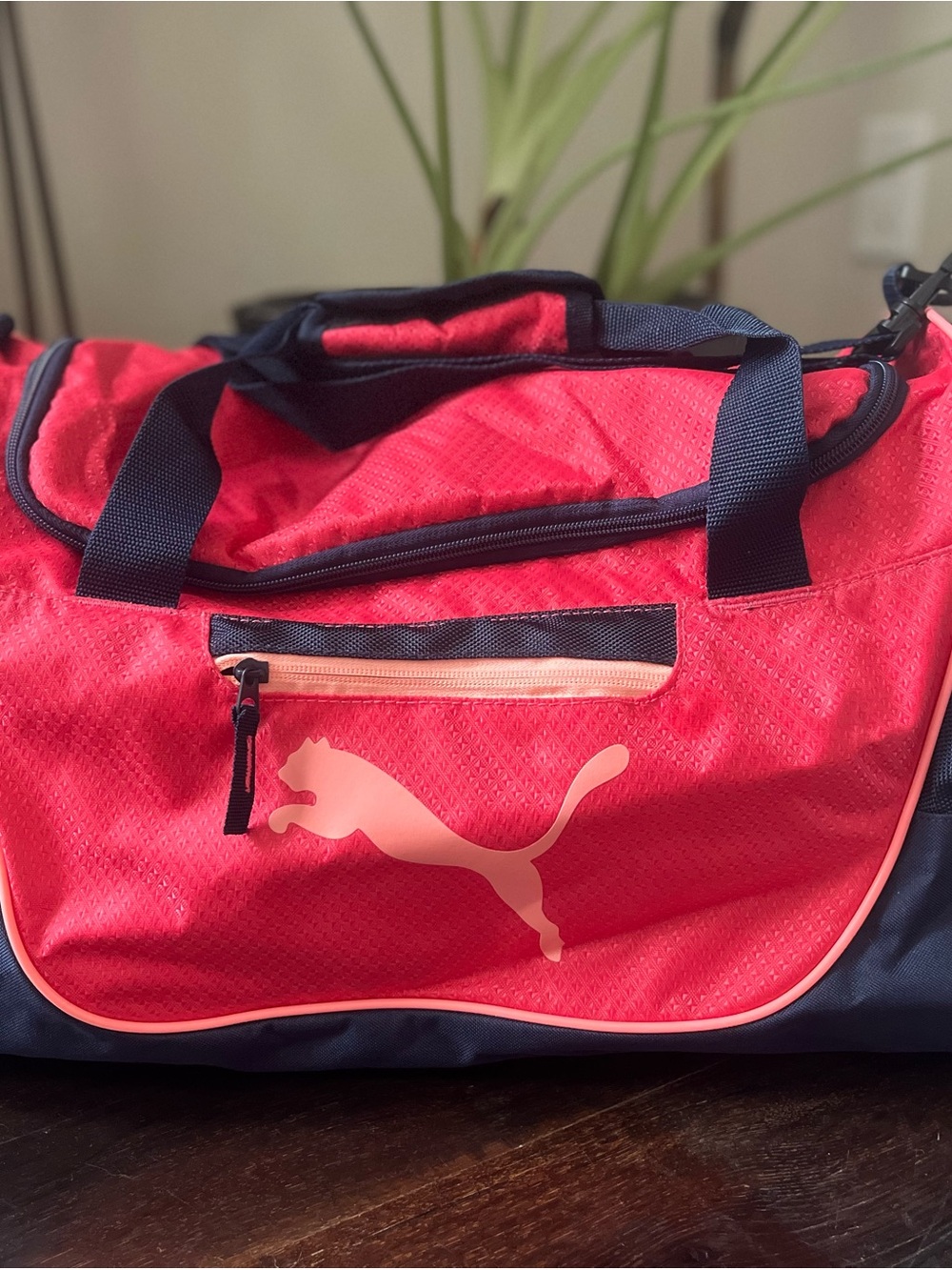 Brand New! Puma Coral Pink and Navy Sport Duffle with Coral Accents